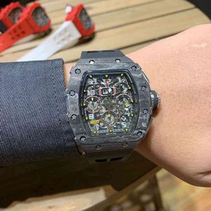 Uxury Watch Date Leisure Richa 11-03多機能自動機械ブラックカーボンファイバーテープミラーウォッチメンズ腕時計時計gmt reloj