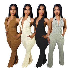 New Wholesale Beautiful Jumpsuits Summer Women Backless Knitted Rompers Solid Halter Jumper Suit Casual Skinny Bodycon Bodysuit Night Club Wear 7336