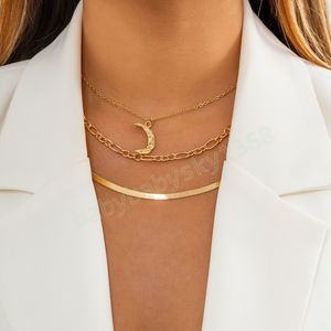 Copper Flat Blade Snake Chain Choker Necklaces for Women Gold Color Moon Pendant Necklaces Vintage Neck Jewelry Gift