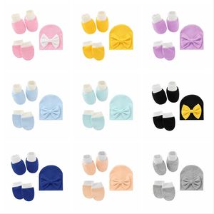 Newborn Fetal Cap Set Baby Bowknot Hats Hand Feet Cover Infant Gloves Foot Cover Toddler Socks Sets Bow Tie Hat Kids Gift 3 Pieces BC7937