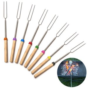 12 Färg Rostfritt Stål BBQ Marshmallow Roasting Sticks Köksredskap Trähandtag Utökad Roaster Telescoping Retractable Spit 200pcs