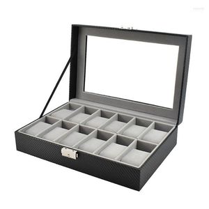 Bekijk dozen kisten slot doos stand met glazen deksel grijs fluweel houten opslag in koolstofvezel pu lederen helde22