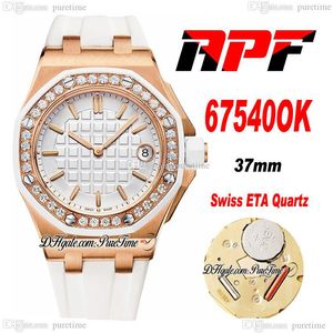 APF 37mm 6754 Swiss ETA Quartz Womens Ladies Watch Rose Gold Full Paved Diamonds Bezel White Textured Dial Stick Markers Rubber Strap Super Edition Puretime B2