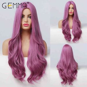 Gemma Long Synthetic Purple Heat Resistant Hair for Women African American Middle Part Wavy Hairstyle Daily Cosplay Natural Wig220511