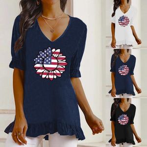 Women's T-Shirt Shirts Men Independence Day Summer Womens Ruffle Short Sleeve V Neck Floral Printed Top T Long Compression ShirtsWomen's