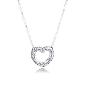 Pave Snake Chain Pattern Open Heart Collier Pendant Necklace Chain For Women Men Genuine 925 Sterling Silver Fit Pandora Style Necklaces Gift Jewelry 399110C01