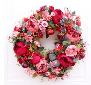 Wholesale artifical red flowers resale online - Decorative Flowers Wreaths Christmas Wreath Artifical Fall Red Floral Door Decoration Front Indoor Handmade Rattan WreathDecorative