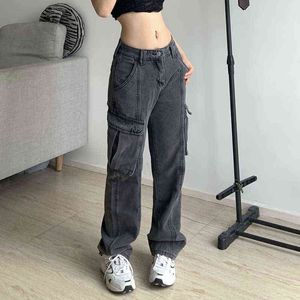 Swobodne kobiety dżinsy y2K Duże kieszenie proste spodnie do joggingu dna zabytkowe spodne hipisowe spodnie workowate dżinsy nowe koreańskie l220726