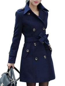 Dark Navy Woolen fitted trench coat ladies with Turndown Collar and Peacoat for Women