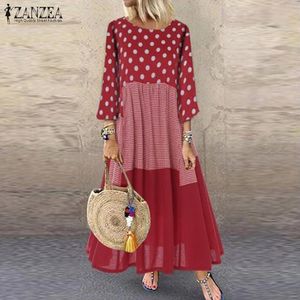 Women Polka Dot Long Sundress Autumn ZANZEA Vintage Pacthwork Dress Casual Cotton Shirt Vestidos Femme Tunic Robe Kaftan 220521