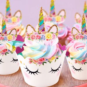 Rainbow Unicorn Cupcake Sargılar Doğum Günü Partisi Kek Dekorasyonları Araçlar Bebek Duş Festivali Malzemeleri