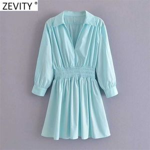 Zevity Women Vintage V Neck Solid Pleats Mini Shirt Dress Female Chic Elastic Waist Retro Business Slim Vestidos DS8502 210603
