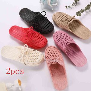 2PCS HOT SALES Fashion New Design Women Summer Sandals Lace-up Breathable Non Slid Flat Woman Female Ladies Sweet Slippers NEW G220518