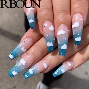 24Pcs Detachable Long Coffin False with Designs Press on s Blue Sky Ballerina Wearable Fake Full Cover Nail Tips 220630