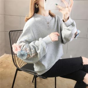 Women's Hoodies & Sweatshirts Thick Flower Embroidery For Women Round Neck Long Sleeve Ins Warm Sweatshirt Autumn Spring Solid Female Chic T