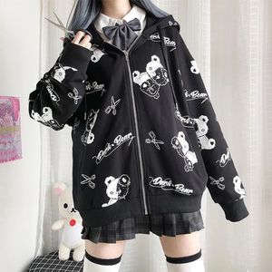 Y2k Oversized Hoodie Gothic Bär Print Schwarz Sweatshirt Zip Up Hoodies Korean Fashion Street Style Langarm Damenjacke