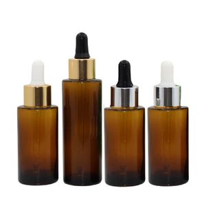 Garrafa de gotas de vidro novo shouder liso de garrafa marrom transparente anel de prata de ouro vazio Pipeta essencial de óleo essencial 20ml 30ml 40ml 60ml