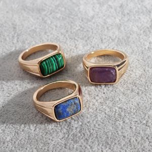 Natural Rectangle Stone Rings Lapis Lazuli Amethyst Malachite Stone Fashion Inner Dia 17mm Gold Color Band Jewelry for Women