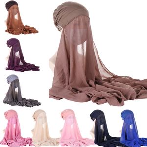 Pull On Instant Chiffon Hijab With Bonnet Caps Elastic Jersey Plain Soft Chiffon Inner Cap Scarf Headband Cover Headwrap Turban