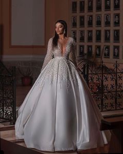 Much Pearls A Line Wedding Dresses Sheer Neck V Neck Bridal Gowns Long Train Back Button Robe de mariée Custom Made