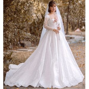 2022 Arabische Aso Ebi Luxuriöse Brautkleider mit Perlenkristallen, quadratischer Ausschnitt, A-Linie, Vintage-Brautkleider mit Rüschen
