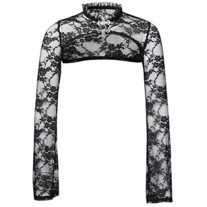 Women's Blouses & Shirts Women Long Sleeve Slim Bolero Ruffles Stand Collar Floral Lace Shrug Crop TopWomen's