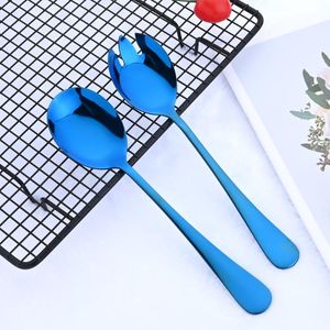 Set di posate Blu Cucchiaio da insalata Forchetta Set da portata 2 pezzi Posate in acciaio inossidabile Specchio Spklifey Cucchiai unici colorati Posate