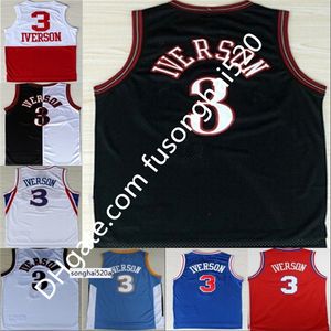 Allen Iverson Jersey 3 Allen Iverson Beyaz Siyah Kırmızı Gökkuşağı Blue Split 10 Yıldönümü Jersey Nakış Logosu Hızlı SH Formaları