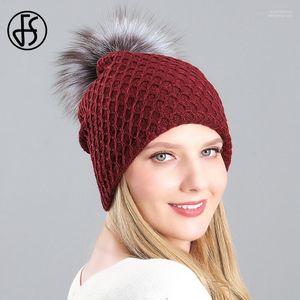 Beanie/Kafatası Kapakları FS 2022 Kış Kadınlar Gerçek Kürk Pom İnci Beanie Hat Sıradan Kadife Kafa Beanies Örme Şapkalar Slouchy Ski Cap1 Eger22