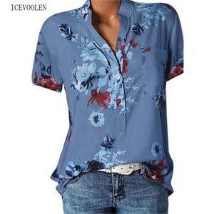 Camisa feminina elegante impressão de tamanho grande de tamanho casual vneck short -shortsleeeved blusa d220611