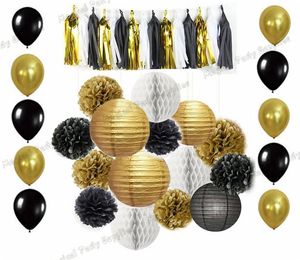 Party-Dekoration, 10 Sets, gemischt aus Gold, Schwarz und Weiß, Seidenpompons, Papierlaterne, Wabenkugel, Quaste, Girlande, Ballon, Geburtstags-Set