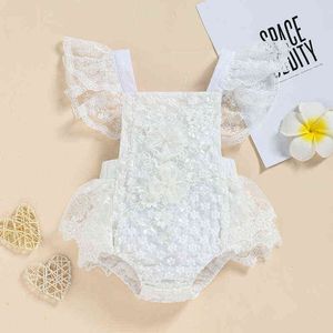 0-24m Princess Noworodki Baby Baby Rompers Ruffles Rękaw Haft haftowany kwiat Backless Rompers Jumpsuits Tiulle Spurts G220521