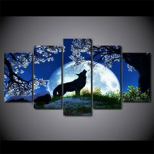 Uivando lobo lua azul noite e decoração de casa impressão em tela 5 peças hd arte de parede imagens modernas sala de estar modular sem moldura