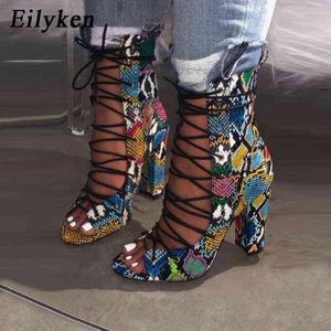 Sandals Eilyken New Design Ankle Boots for Women Green Peep Toe Lace-up Cross-tied Heel Pumps Roman Bootas 220317