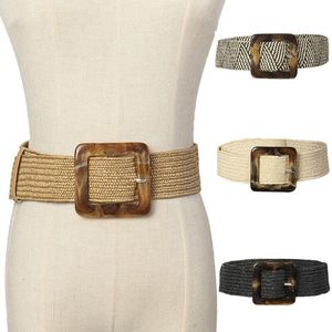 Belts Women Belt Straw Casual Ultra Wide Female Woven Vintage Carved Wood Buckle Elastic Decoration Dress Shirt Waist SealBelts