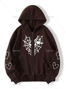 Örümcek Web Baskı Hoodie Kadın Sweatshirt Gevşek Ceket Moda Trendi Zip Sonbahar Günlük Giysiler Gençler