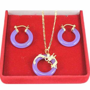 Natural 18KGP purple Jade Jewelry Set Hoop Earring Pendant Necklace for Women Gift
