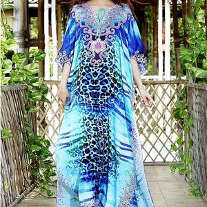 Blue Bohemian Printed Lace Up V-Neck Bats Sleeve Loose Summer Dress Beach Caftan Plus Size Women Beachwear Maxi Dress Q736 220510