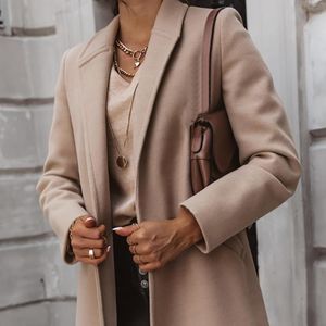 Женские куртки повседневные женщины осень зимний карманный лацкат кнопка пальца теплое длинное пальто