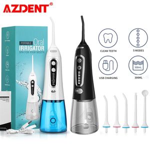 AZDENT WF203 Portable Oral Irrigator Water Dental Flosser Cordless DIY USB Rechargeable Tooth Pick 300ml 5 Jet Tips 220621
