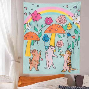 Flower Cat Moon Tapestry Bohemian Garden Decoration Wall Rugs Room Decation Items Pendant J220804