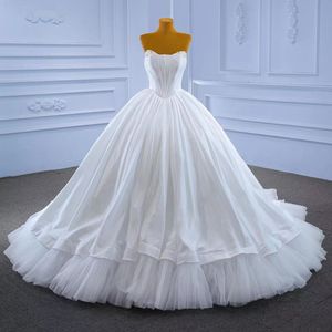 White Strapless Long Wedding Dress Satin Beading Sleeveless Lace Up Formal Party Elegant Bride Gowns vestido de noiva