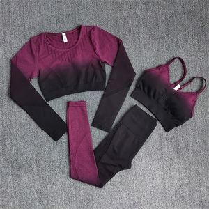 Ombre Mulheres Yoga Set Workout Manga Longa Crop Top Sports Leggings Seamless Gym Roupas Fitness Wear Ternits 220330