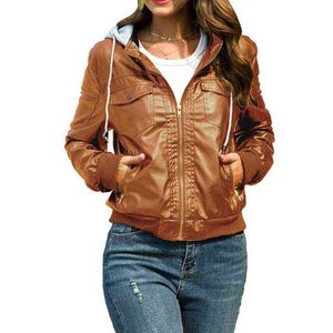 2021 New Women Women Faux Leather Jacket PU Motorcycle Hat com capuz de capuz de couro destacável Casual Casual Casual Plus Tamanho 5xl Punk Outerwear L220728