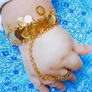 Bangel Vintage Gold plattierte Kinder Manschettenknochen mit Ring Open Hand Armband Münzschmuck für Baby arabische Mode Kinderschmuck Kent22