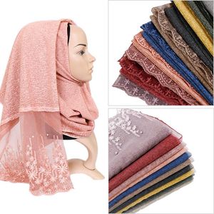 Halsdukar Bomull Spets Hijab Scarf Maxi Pärlor Wraps Stretchiga Bandhnu Sjalar Muslimska pannband Islamiska Halsdukar Scarves