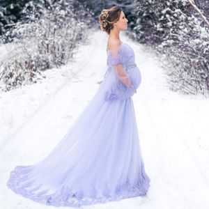 Moda Prom Dresses dla kobiet w ciąży 2022 Eleganckie suknie wieczorowe Koronka Aplikacja Maternity Photoshoot Sukienka z rękawami