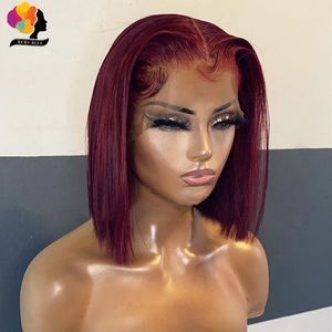 Short Red Burgundy Bob Lace Front Human Hair Wigs Pre-Plucked Wig Blonde/Black Colored Peruvian Straight Synthetic Wig For Women