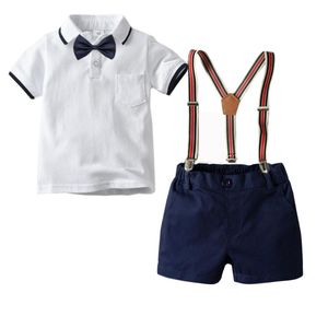 Kläder sätter barn för pojkar vit lapel t-shirt båge slips mörkblå shorts remmar fyrdelar manlig gentleman suitclothing