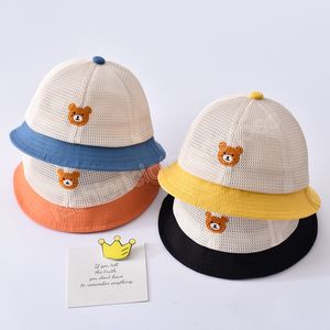 Cute Kid Baby Bucket Hat Summer Cartoon Bear Mesh Breathable Sun Hat Infant Toddler Sunshade Solid Color Beach Cap